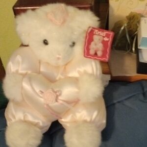 Russ bear Arial the pink satin bear holding a heart and a vintage bear